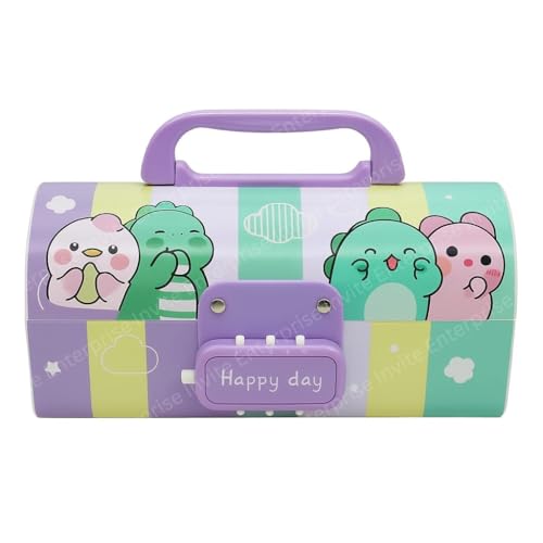 Image of WORSHIPER Cartoon Theme Pencil Box for Kids | Suitcase Style Password Lock Stationery Organizer | Multi-Layer Pen & Pencil Case for Boys & Girls (Happy Day-Dino)