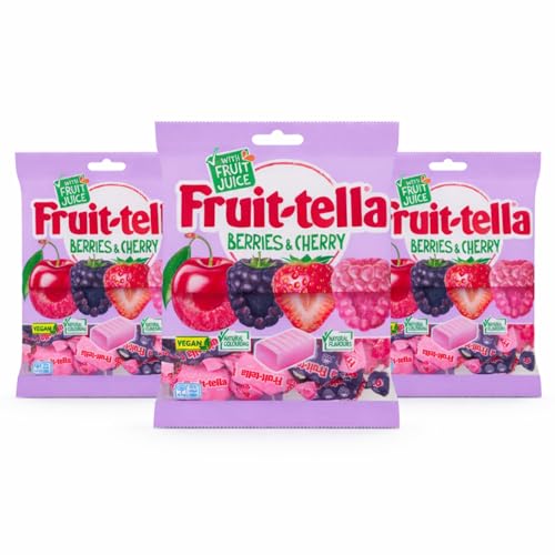 Fruit-tella Berries & Cherry Chewy Sweets 3 Pack (3 x 135g) with Fruit Juice Vegan Candy Natural Flavours & Colours Fruity Soft Chews Sharing Bags Snacks
