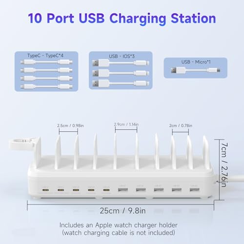 Image of 320W Charging Station for Multiple Devices, 10 Ports Fast Multi-Device Charger Organizer Compatible with MacBook Pro Laptop, iPhone, Android, Ipad, Tablet, Kindle, Family Multi-Device Charging Dock