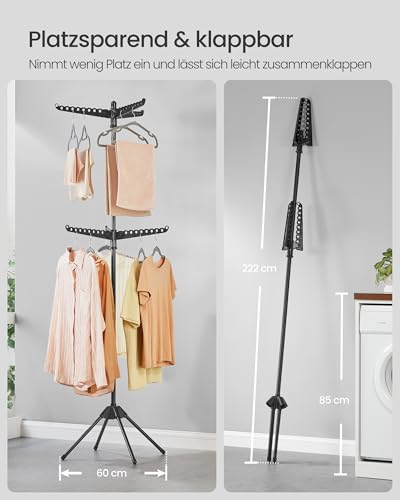 SONGMICS Wäscheständer, Standtrockner, 6 drehbare Arme für Kleiderbügel, 4 Beine, klappbar, für Innenbereich, Edelstahl, für Kleidung und Socken, 191 cm hoch, schwarz LLR514B01