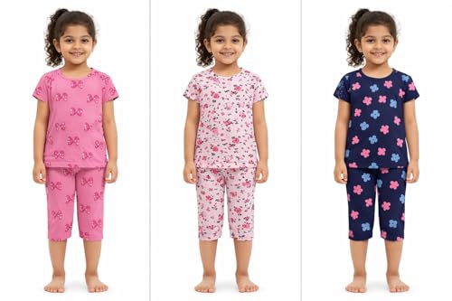 Image of NammaBaby Girl's Cotton Graphic Print Night Suit and Payjama Set - Multipack