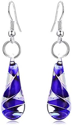 GIMEFIVE Handmade Water Drop Shape Spiral Lampwork Fashion Glass Bead Pendant Dangle Earrings (Navy)