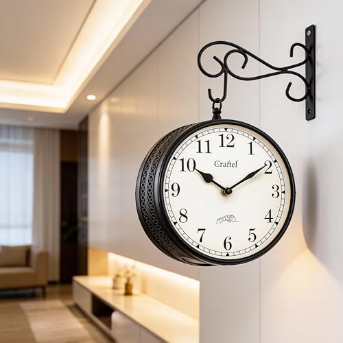 Image of CRAFTEL Double Sided Station Wall Clock Powder Coated Finish | Both Side English Numerals | Aluminum Matte-Finish Dial Brass Body | Dial - 8 Inches, Matte Black | 365 Days Warranty