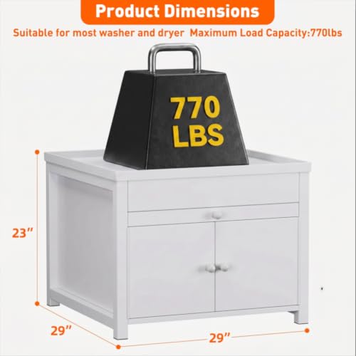 Image of 2 Pack Washer and Dryer Pedestals Stand With Pull-out Shelf, 29 inch W Universal Fit Metal Laundry Pedestal with Bulit-in Drain and Enclosed Storage, Anti-Vibration, 770 LBS Capacity, 23 inch H, White
