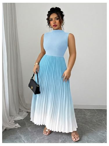 Image of SOLY HUX Women's Plus Size Summer Ombre Sleeveless Flowy Maxi Dress | Birthday, Pleated A Line, Mock Neck, Formal Outfits,Cocktail, Wedding, Graduation
