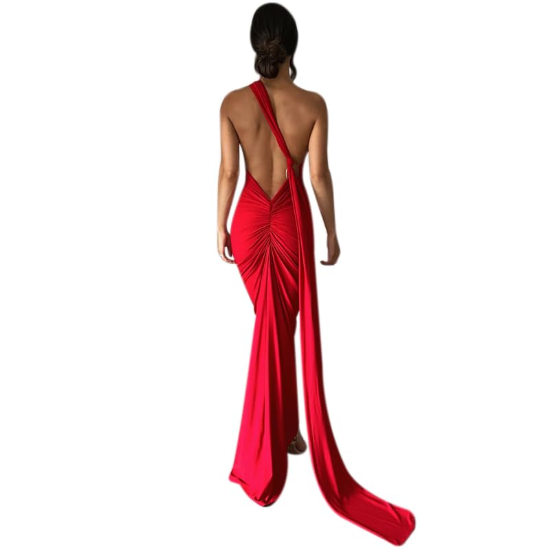 Image of Suillty Women's Sexy Oblique Shoulder Backless Maxi Dress Ruched Back Strap Sleeveless Party Club Long Dresses Bodycon