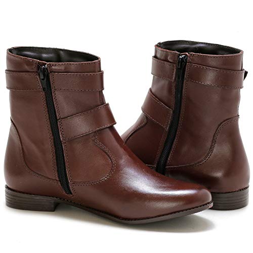 Bota Feminina Couro Cano Médio Fivela Dupla (34, Marrom)