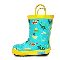 HSYAAMOO Kids Dinosaur Rain Boots with Easy-On Handles – Yellow Rubber Waterproof Toddler Boots with Dinosaur Print, Lightweight & Non-Slip for Boys & Girls