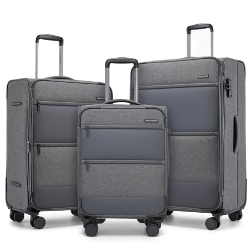 British Traveller Lot de 3 Valises (57.5/68.5/79.5cm) - Set de Valises Souples Légères et Résistantes avec 4 Roues Silencieuses 360° et Serrure TSA sur...