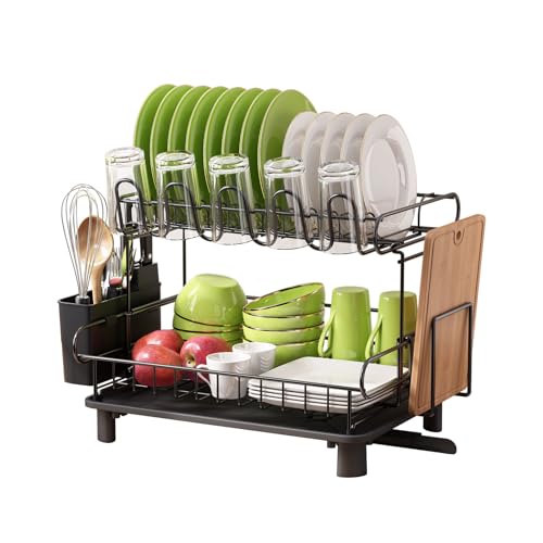 MAJALiS Dish Drainer Rack, 2 Tier Dish Drainer with Drip Tray, Stainless Steel Dish Rack with Utensil Holder, Swivel Spout, Draining Board Rack for Kitchen Counter, Black