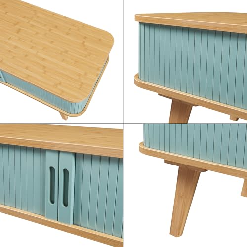 Mesa de centro rectangular con tablero de esquinas redondeadas y compartimentos de bambú 8