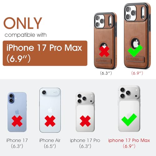 Image of Casus Designed for iPhone 17 Pro Max Case with MagSafe, Slim Kickstand Vegan Leather Protective Cover with Tempered Glass Screen Protector, 6.9 Inch (2025), Brown