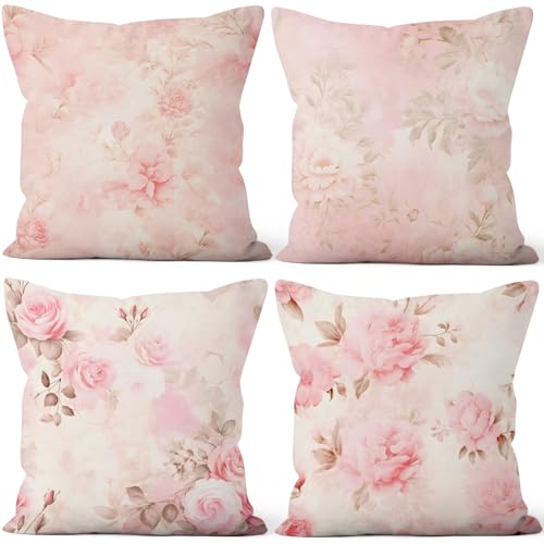 Vie Savaran Pink Flower Throw Pillow Covers 20''x20'' Set of