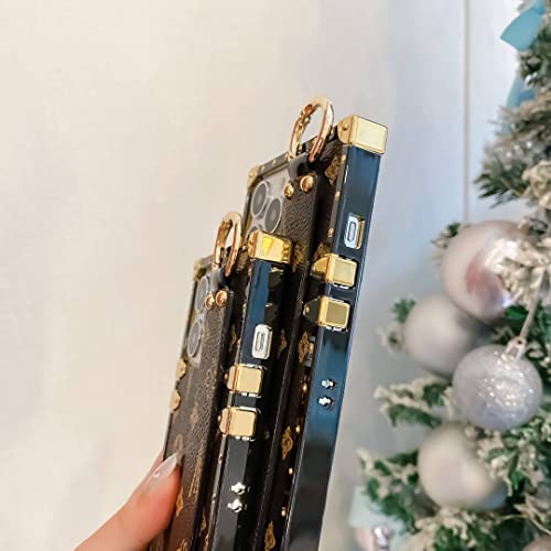 Trodino Square Leather Iphone 14 Pro Max Case With Wristband Strap, Luxury Designer Trunk Box Phone Case For Women Girls, Hand Holder Ring Kickstand Shockproof Protective Bumper Case 6.7” (Brown) #TOP4