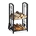 Produktbild Relaxdays Kaminholzregal mit Besteck, 2 Ablagen, Stahl, Kaminbesteck 4-teilig, Schaufel, Besen, Zange & Haken, schwarz, 1 Stück
