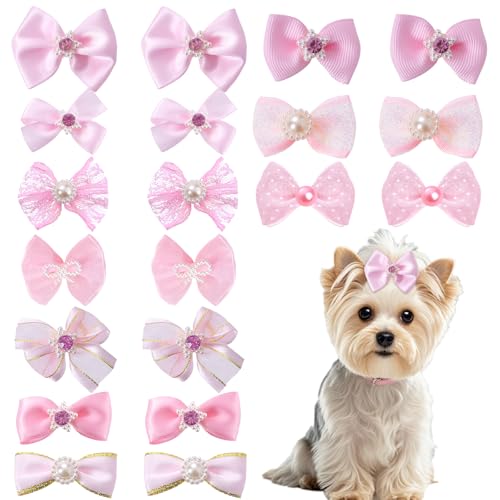 20 PCS Cute Dog Hair Bows with Rubber Bands Elastic Handmade Mix Style Lace Rhinestone Pearls for Furry Puppy Cat Pet Girl, Pink