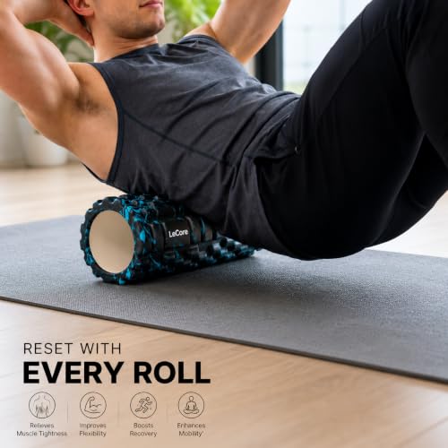 Image of LeCore High Density EVA Foam Roller 30cm for Deep Tissue Massage, Muscle Recovery, Back Pain Relief, Yoga & Physiotherapy | Trigger Point Massage Roller for Stretching, Gym Workout & Fitness | Blue Black Marble