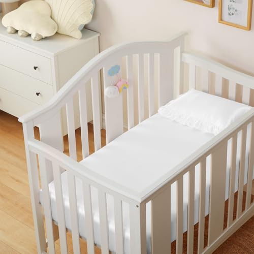 Image of Entisn 28x52 Satin Fitted Crib Sheet 2 Pack, White and Baby Pink | 8-Inch Deep Pocket Snug Fit, Silky Satin Protects Hair And Skin, No-Slip Reinforced Edges, Machine Washable Fade-Resistant