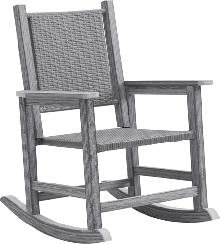 RICNOD HDPE Rocking Chair Outdoor, Wicker Rocking Chair for Outside, Woven Seat & Back, All Weather Ratten Outdoor for Porch, Garden, Lawn, Balcony (Grey)
