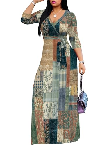 Image of Women's Plus Size Maxi Dresses Long Sleeves V Neck Floral Print Bohemian Swing Long Dress with Belt