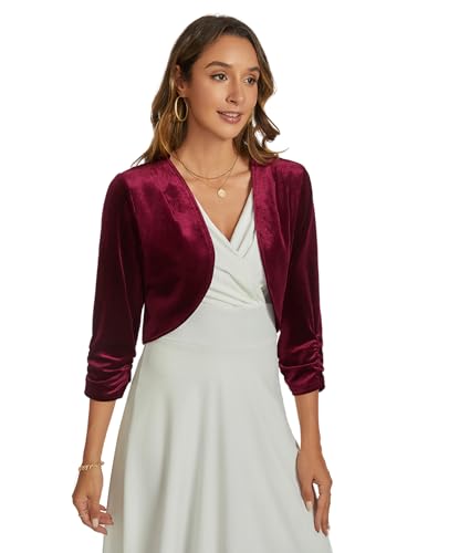 Image of Womens Velvet Bolero Shrug Elegant Open Front Ruched 3 /4 Sleeve Cocktail Party Cropped Cardigan