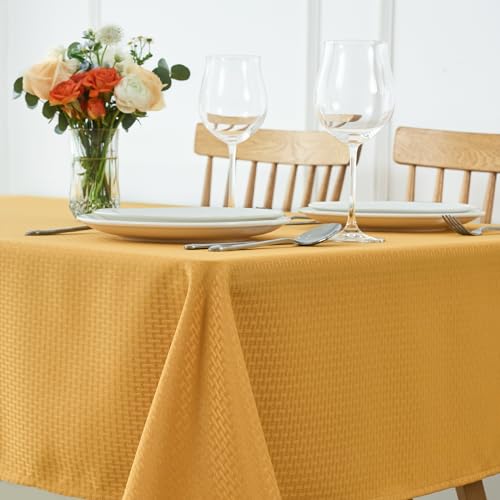 Image of maxmill Square Tablecloth Weaved Texture Stain Resistant Waterproof Wrinkle Free Washable Soft Table Cloth, Decorative Fabric Table Cover for Dining Room Dinner Parties, 52 x 52 Inch, Ochre Yellow