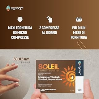 Acceleratore Abbronzatura Forte, SOLEIL. Integratore abbronzatura, 80 compresse con Betacarotene, Rame, Selenio, Licopene, Vitamine C, D, E, B. Autoabbronzante corpo - Prepara, Accelera e mantiene