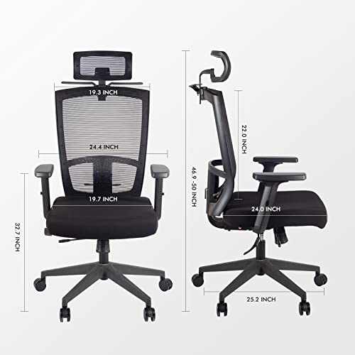 Garlifur Ergonomic Mesh Office Chair, High Back Desk Chair -Adjustable Headrest With Hanger, Tilt Function, Lumbar Support, Pu Wheels & 3D Lift Armrest, Swivel Computer Task Chair - Black #TOP1