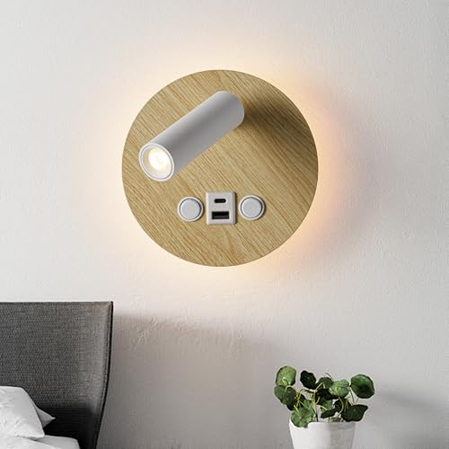 Image of Modern Multi-Purpose Wall Sconces,5.9 inch Wood Grain Hardwired Wall Light Fixture with USB /Type-C Charging Port for Bedroom /Stdudy, Rotatable Spotlight Reading Light & Ambient Nightlight 2 in 1 Design
