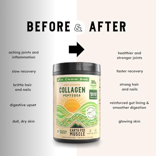 Image of Earth Fed Muscle Collagen Peptides, Third-Party Certified. 20g Protein, Unflavored - Grass Fed, Non-GMO, Hormone Free, Gluten Free - Multi-Type - 23 Servings
