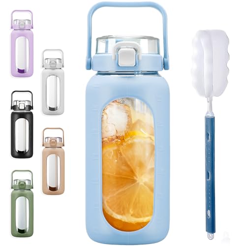 BLUEGO 2L Gourd en verre Avec paille Marqueur de temps Bouteille d'eau Motivation avec manchon en silicone 2 litres Grande carafe d'eau en Verre pour Gym,...