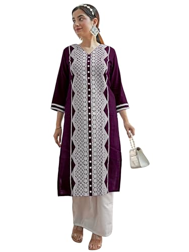 Image of EthnicJunction Women's Cotton Rayon Regular Fit Chikankari Embroidery Stright Kurta