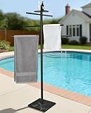 EADOT 304 Stainless Steel Freestanding Swimming Pool Towel Rack with Tray, 6 Arms Standing Hot Tub Robe Rack for Outdoor,Black Marble Base Bath Sheet Drying Bar for Spa, Hot Tub & Patio