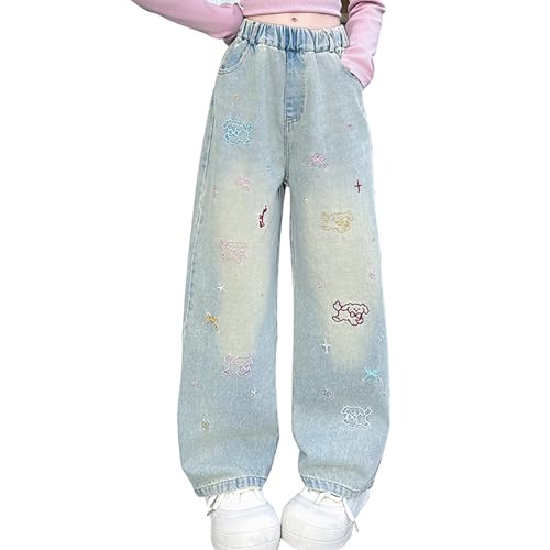 Girls Baggy Wide Leg Jeans Cute Pattern Y2K Streetwear Denim Pants High Elastic Waisted Casual Loose Jeans with Pockets