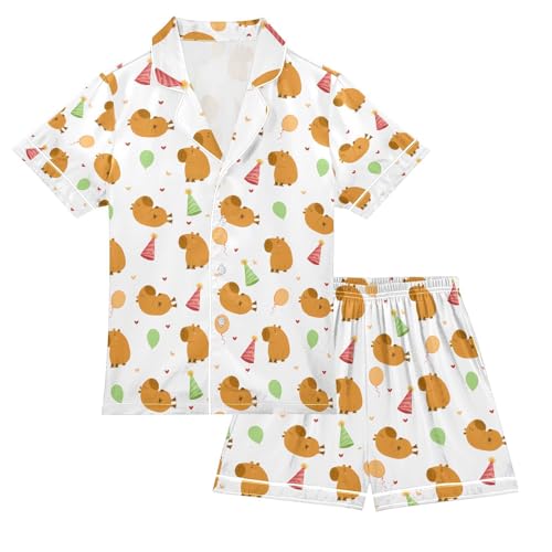 senya Birthday Cat Cute Capybara Satin Summer Pajama Sets Silk Short Sleeve Button Down Sleepwear