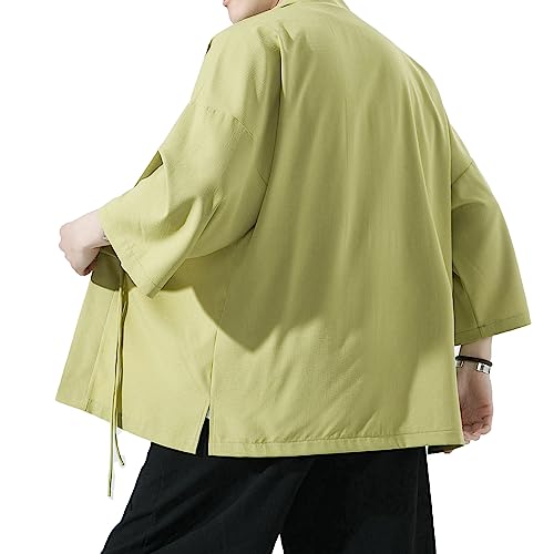 Image of Mens Kimono Cardigan Cotton Linen Japanese Shirt 3 /4 Sleeve Haori Yukata | Skin-Friendly Solid Color Lightweight Shawl Collar Kimono Robe Embroidery Button Tie Pockets Happi Coat All Season Daily Wear