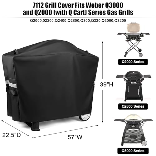 Image of QuliMetal 7112 Grill Cover for Weber Q2000, Q2200, Q2400, Q2000N+, Q2800N+, Q300, Q320, Q3000, Q3200 Gas Grills, Heavy Duty BBQ Gas Grill Cover, 600D