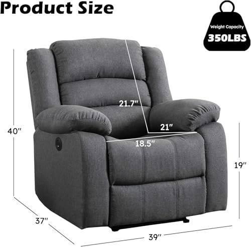 Image of EBELLO Classic Power Recliner Chair, Oversized Electric Reclining Chair with Overstuffed Cushion and Back, Soft Fabric Adults Single Recliner Sofa for Living Room, Grey