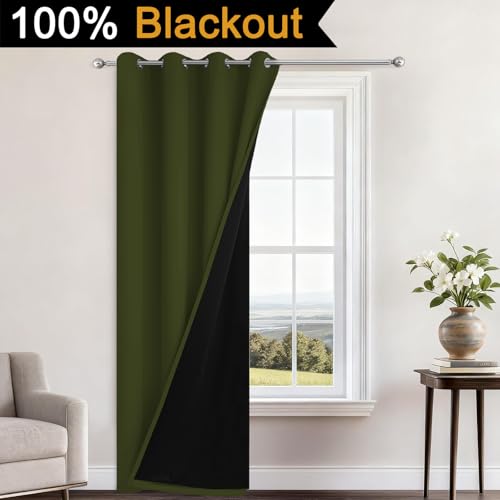 Image of Yakamok Olive Green 100% Blackout Curtains 84 Inches Long 52 inch Wide 1 Panel | Blackout Curtain Panels for Bedroom, 2 Thick Layers Grommet Top Thermal Insulated Drapes with Black Liner for Living Room