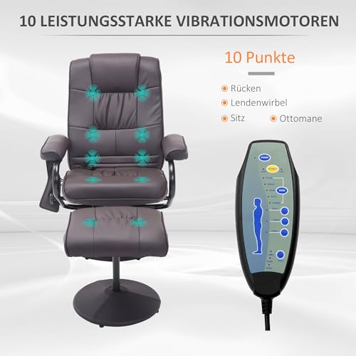HOMCOM Relaxsessel mit Hocker, 360°drehbarer Fernsehsessel mit Massage, Liegefunktion, Massagesessel mit Seitentasche, TV-Sessel aus Kunstleder für Wohnzimmer Braun – Bild 5