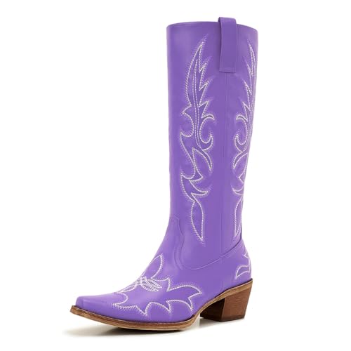 Image of Uillnoodu Women's Turquoise Cowgirl Boots - Wide Calf Mid Calf Western Boots Plus Size Embroidered Cowboy Style with Block Heel