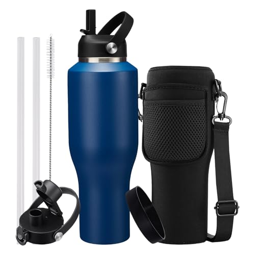 Image of 40oz Insulated Water Bottle that fits in Cup Holder - Water Cup with Spout Lid, Straw, Sleeve with Side Handle, Vacuum Stainless Steel Travel Tumbler Keep Cold 48h /Hot 24h