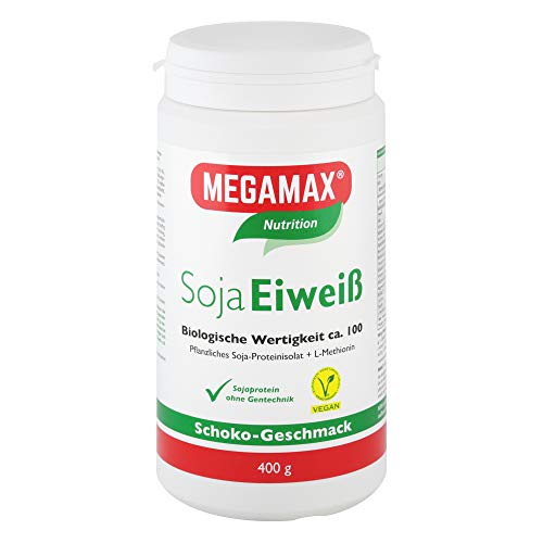 MEGAMAX Soja Eiweiß Schoko 400 + Taurin + L-Methionin Glutenfrei - Sojaeiweiß-Isolat Low Carb - pflanzliches Eiweiss, Laktosefrei, Aspartamfrei - Veganes Protein für Muskelaufbau u. Muskelerhalt
