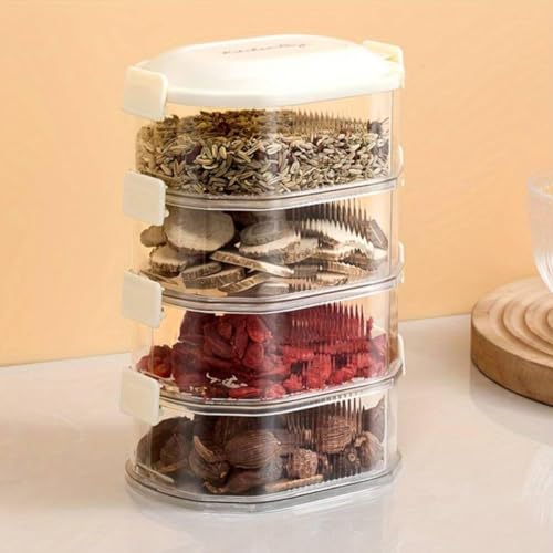 Image of Stackable 4-Layer Transparent Spice Storage Container - Multipurpose Airtight Organizer Box for Kitchen Herbs, Masala, Dry Fruits, Seeds, Space-Saving Plastic Jars with Locking Lids (1 Pack)