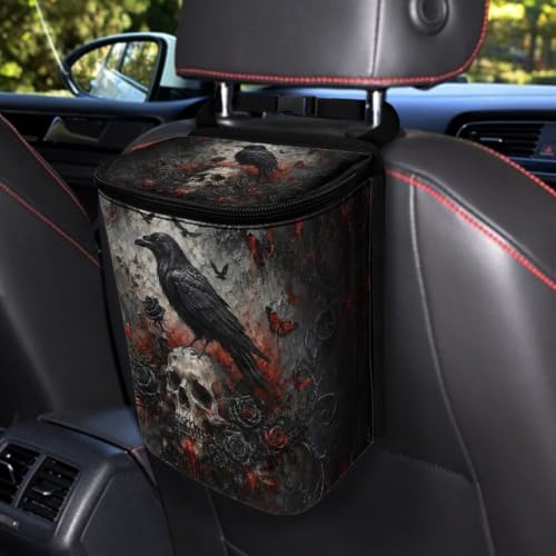 Image of Talayituse Gothic Crow Rose Skull Pattern Car Trash Can with Lid, Leak Proof Auto Trash Bag Hanging Vehicle Garbage Can Multipurpose Storage Container for Back Seat Road Trip Halloween Decor