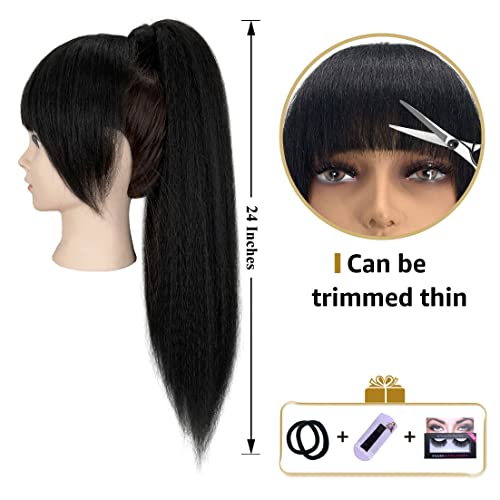 Uamy Hair Yaki Straight Ponytail Extensions With Bangs For Black Women Black Synthetic Kinky Straight Wrap Around Magic Paste Ponytail With Bangs Natural Looking Hair Hairpiece For Daily Party Use thumb #1