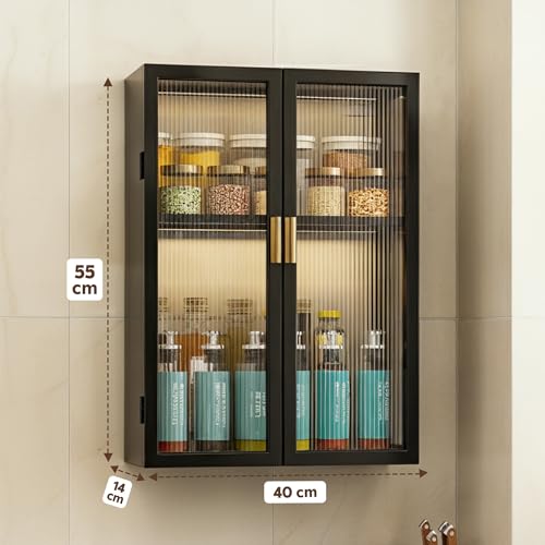 Image of MIORAH Kitchen Storage Cabinet | Modular Wall Mounted Kitchen Cabinet Organiser |2 Layer, Space Saving Carbon Steel Shelf, Black, 40 cm, Pack of 1