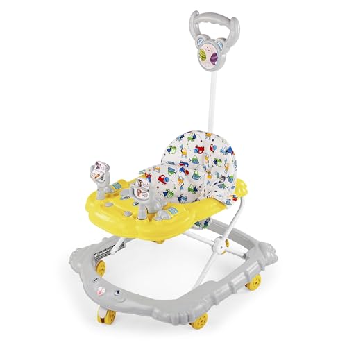 Image of BabyGo Jonny Walker for 6-24 Months | Foldable Baby Walker with Push Handle & Activity Tray | Adjustable Height Infant Walker with Wheels Music Toy Bar & Comfortable Seat (Yellow)