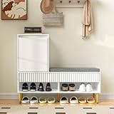 Moderne Luxus-Schuhtruhe in Weiß mit Stauraum, Polsterbank und Rückenlehne - Schuhregal mit Metallgriffen und Metallbeinen - perfekt für den Eingangsbereich