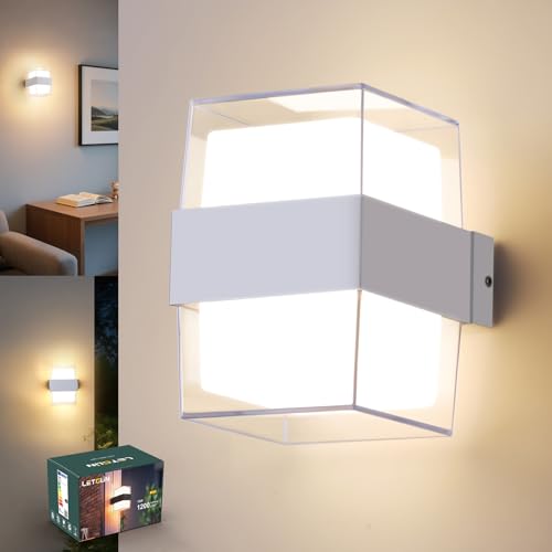 LetGlin LED Aplique Pared Interior, 12W 1200LM Lampara Exterior Moderna, IP65 Apliques Pared, 3000K Up and Down Iluminación, Luz Exterior Pared para Salón Dormitorio Jardin Balcón Baño, Blanco 1 Pack